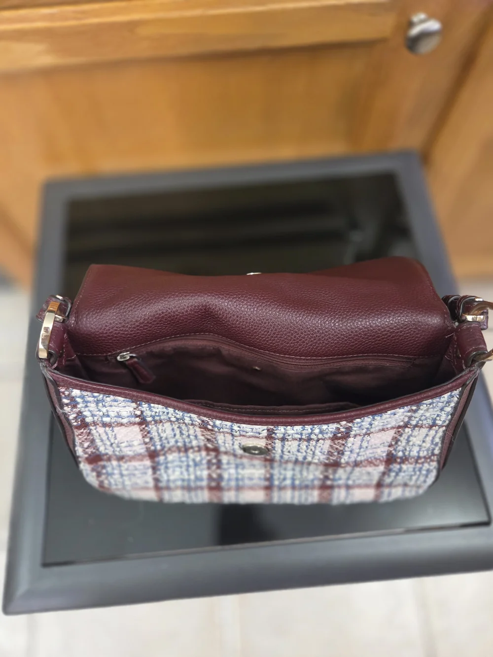 kate spade Blue and Burgundy Tweed Shoulder Bag with Leather Trim